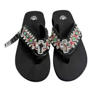 Isabella Flip Flops Rhinestone Stud Cross Embroidery Women Shoes Size Medium New